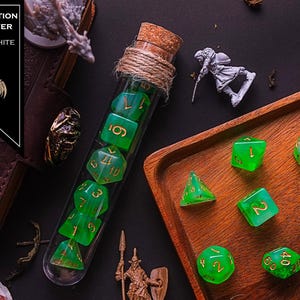 Polyhedral Dice Set of 7 with RPG Fantasy Potion Flask- D&D DnD TRPG MTG Agility Potion Flask