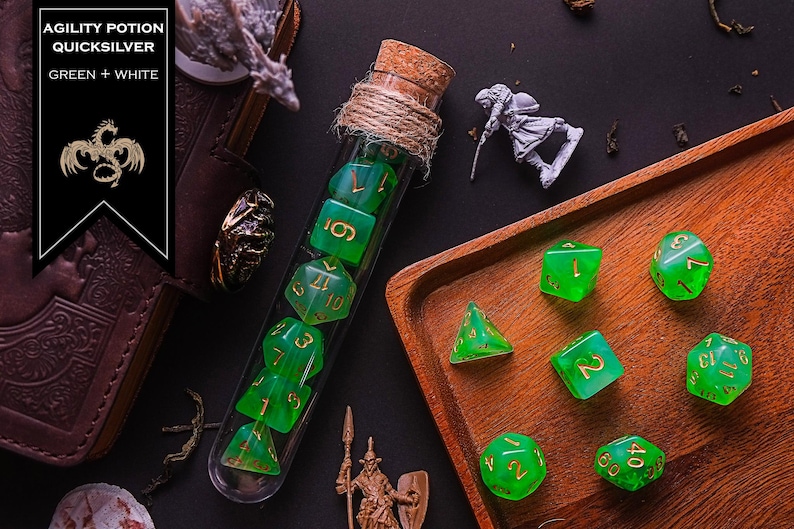 Polyhedral Dice Set of 7 with RPG Fantasy Potion Flask- D&D DnD TRPG MTG Agility Potion Flask