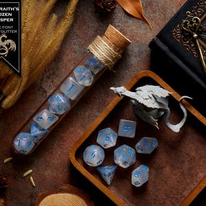 Polyhedral Dice Set of 7 with RPG Fantasy Potion Flask- D&D DnD TRPG MTG ICE WRAITH'S FROZEN