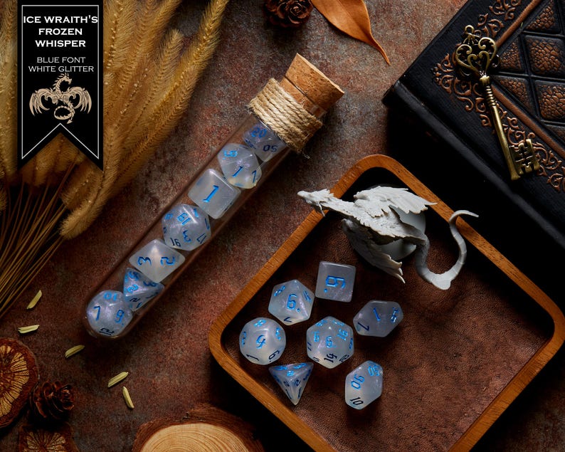 Polyhedral Dice Set of 7 with RPG Fantasy Potion Flask- D&D DnD TRPG MTG ICE WRAITH'S FROZEN
