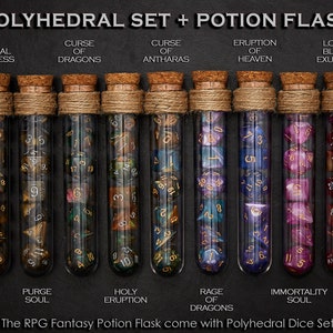 Polyhedral Dice Set of 7 with RPG Fantasy Potion Flask Dice Holder Storage Organizer for Dragons MTG Tabletop gaming Adventure Dungeons image 1