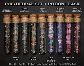 Polyhedral Dice Set of 7 with RPG Fantasy Potion Flask | Dice Holder Storage Organizer for Dragons MTG Tabletop gaming Adventure Dungeons