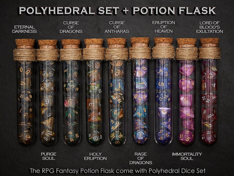 Polyhedral Dice Set of 7 with RPG Fantasy Potion Flask Dice Holder Storage Organizer for Dragons MTG Tabletop gaming Adventure Dungeons image 1