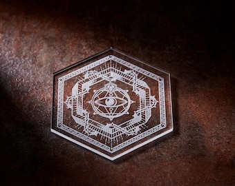 Laser Engraved Acrylic Hexagon Coaster: Oracle Design for Tabletop Gaming