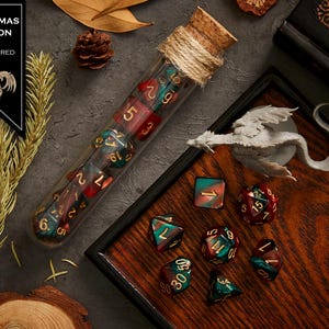 Polyhedral Dice Set of 7 with RPG Fantasy Potion Flask- D&D DnD TRPG MTG CHRISTMAS DRAGON