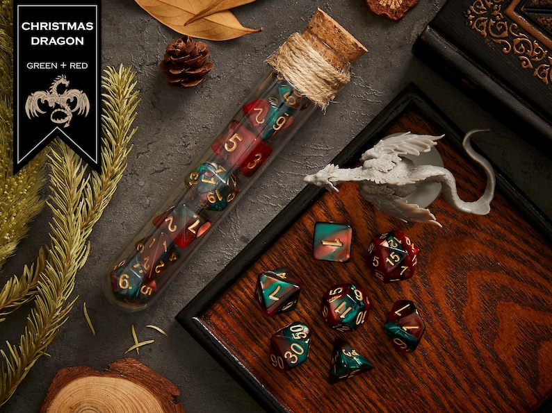 Polyhedral Dice Set of 7 with RPG Fantasy Potion Flask- D&D DnD TRPG MTG CHRISTMAS DRAGON