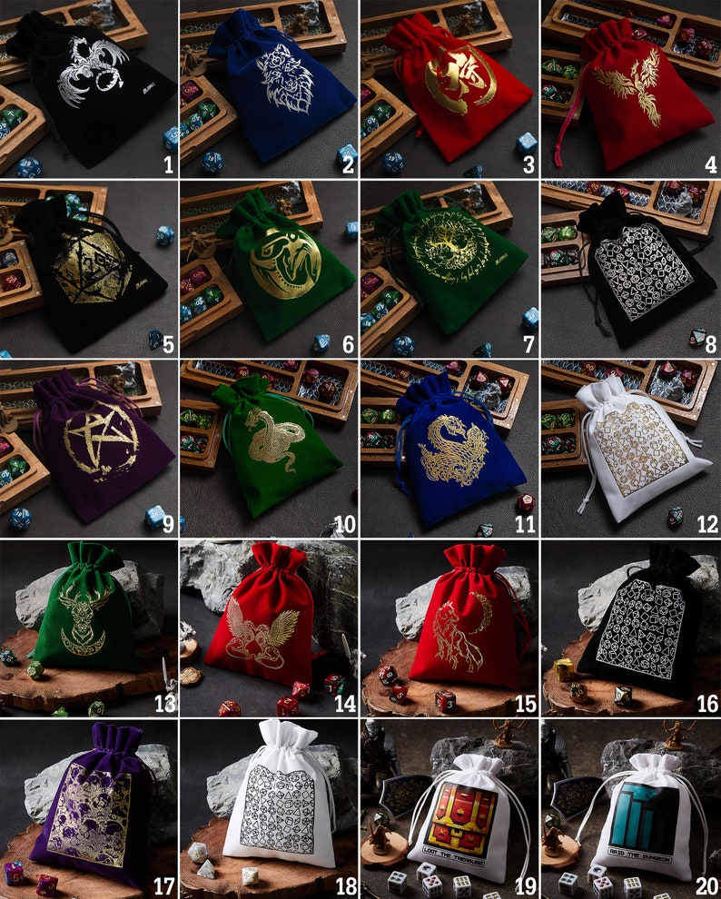 May include: Twenty different velvet and cotton drawstring bags with various designs and colors. Each bag has a different design, including a dragon, a snake, a tree, a pentagram, a skull, and a chest. The bags are perfect for storing dice, jewelry, or other small items.