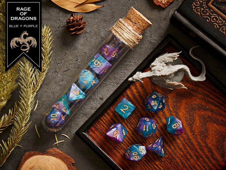 Ensemble de 7 dés polyédriques avec flacon de potion RPG Fantasy Organisateur de stockage de support de dés pour les donjons d'aventure de jeux de table de Dragons MTG RAGE OF DRAGONS