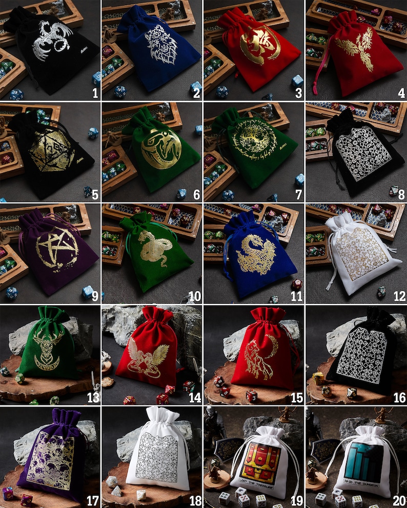May include: Twenty different velvet and cotton drawstring bags with various designs and colors. Each bag has a different design, including a dragon, a snake, a tree, a pentagram, a skull, and a chest. The bags are perfect for storing dice, jewelry, or other small items.