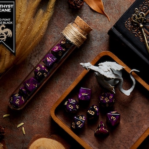 Polyhedral Dice Set of 7 with RPG Fantasy Potion Flask- D&D DnD TRPG MTG AMETHYST ARCANE