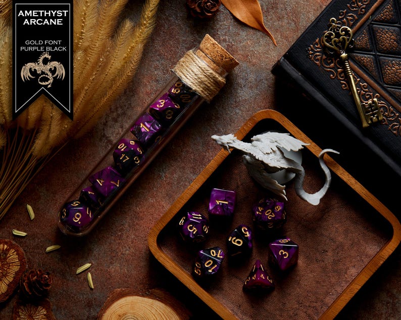 Polyhedral Dice Set of 7 with RPG Fantasy Potion Flask- D&D DnD TRPG MTG AMETHYST ARCANE