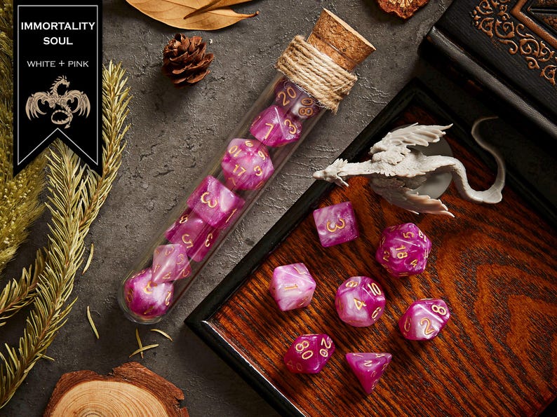 Polyhedral Dice Set of 7 with RPG Fantasy Potion Flask- D&D DnD TRPG MTG IMMORTALITY SOUL