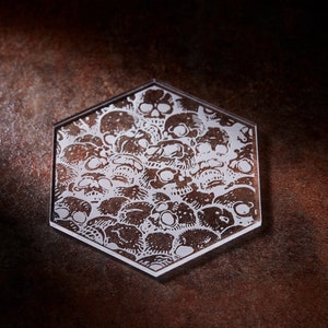 Skull Hexagon Coaster | Clear Acrylic | Cup Holder Unique Gift Design for Dragons MTG RPG Tabletop Adventure Dungeons