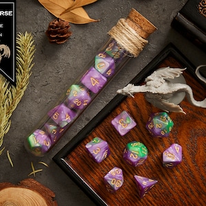 Polyhedral Dice Set of 7 with RPG Fantasy Potion Flask- D&D DnD TRPG MTG MERHORSE