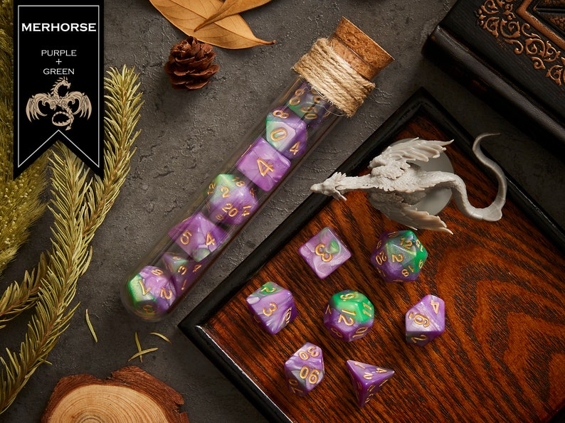 Polyhedral Dice Set of 7 with RPG Fantasy Potion Flask- D&D DnD TRPG MTG MERHORSE