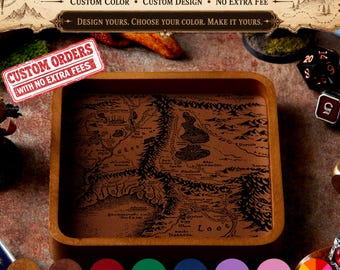 Custom Laser Engraved Wooden Dice Tray with Leather Inlay, RPG Gaming Accessory