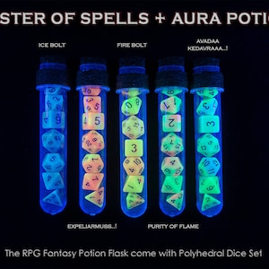 Spell Aura Potion | Polyhedral Dice Set of 7 with RPG Fantasy Potion Flask | Dice for Dragons MTG RPG Tabletop gaming Adventure Dungeons