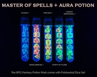 Spell Aura Potion | Polyhedral Dice Set of 7 with RPG Fantasy Potion Flask | Dice for Dragons MTG RPG Tabletop gaming Adventure Dungeons