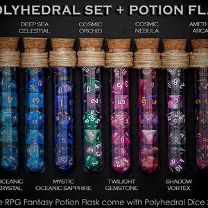 Polyhedral Dice Set of 7 with RPG Fantasy Potion Flask- D&D DnD TRPG MTG image 2