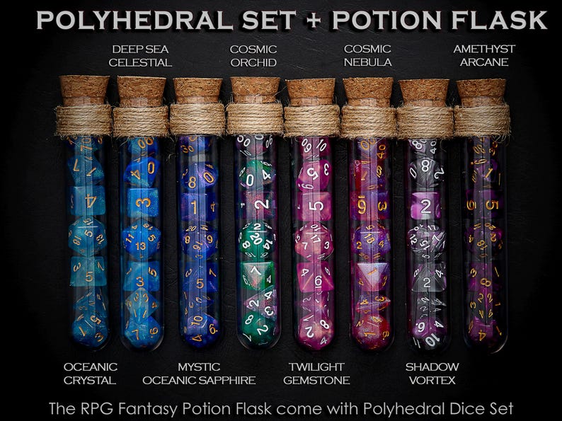 Polyhedral Dice Set of 7 with RPG Fantasy Potion Flask- D&D DnD TRPG MTG image 2