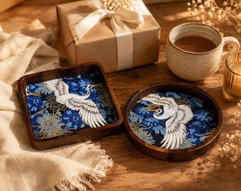 Wooden Decorative Tray with patterned fabric or leather inlay, Small Catchall for Home Decor