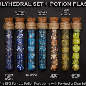 Polyhedral Dice Set of 7 with RPG Fantasy Potion Flask | Dice Holder Storage Organizer for Dragons MTG Tabletop gaming Adventure Dungeons