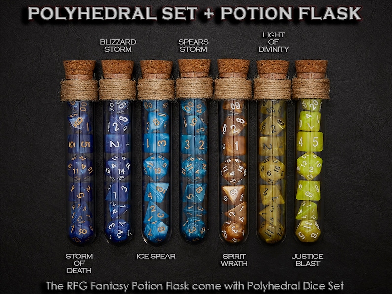 May include: Set of six glass potion flasks with cork stoppers, each containing a set of polyhedral dice. The flasks are labeled with names like "Blizzard Storm", "Ice Spear", and "Justice Blast".
