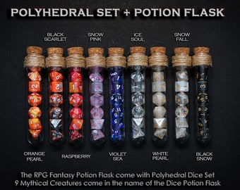 Polyhedral Dice Set of 7 with RPG Fantasy Potion Flask | Dice Holder Storage Organizer for Dragons MTG Tabletop gaming Adventure Dungeons