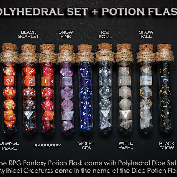 Polyhedral Dice Set of 7 with RPG Fantasy Potion Flask | Dice Holder Storage Organizer for Dragons MTG Tabletop gaming Adventure Dungeons