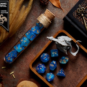 Polyhedral Dice Set of 7 with RPG Fantasy Potion Flask- D&D DnD TRPG MTG OCEANIC CRYSTAL