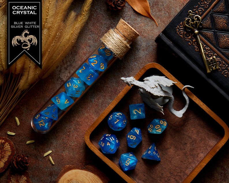 Polyhedral Dice Set of 7 with RPG Fantasy Potion Flask- D&D DnD TRPG MTG OCEANIC CRYSTAL