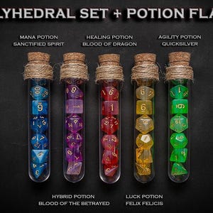 Polyedriska tärningar set med 7 med RPG Fantasy Potion Flask - D&D DnD TRPG MTG