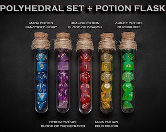 Juego de 7 dados poliédricos con frasco de poción de fantasía para juegos de rol - D&D, DnD, TRPG, MTG