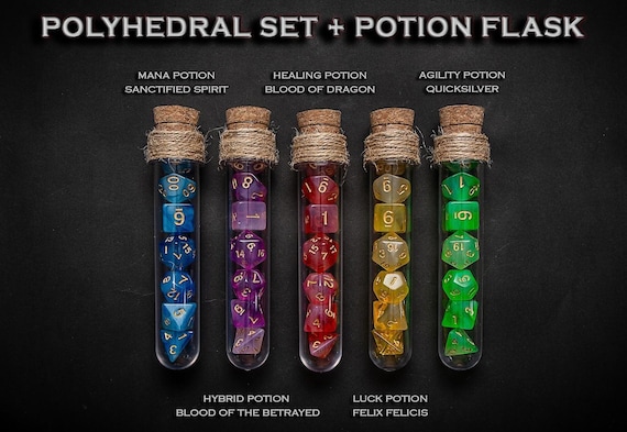 Polyhedral Dice Set of 7 with RPG Fantasy Potion Flask- D&D DnD TRPG MTG