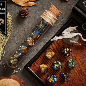 Polyhedral Dice Set of 7 with RPG Fantasy Potion Flask- D&D DnD TRPG MTG CURSE OF ANTHARAS