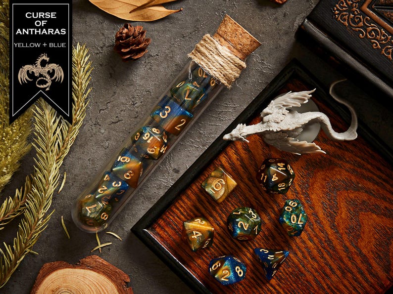 Polyhedral Dice Set of 7 with RPG Fantasy Potion Flask- D&D DnD TRPG MTG CURSE OF ANTHARAS
