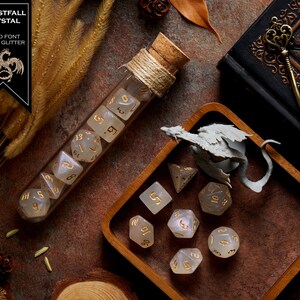 Polyhedral Dice Set of 7 with RPG Fantasy Potion Flask- D&D DnD TRPG MTG FROSTFALL CRYSTAL