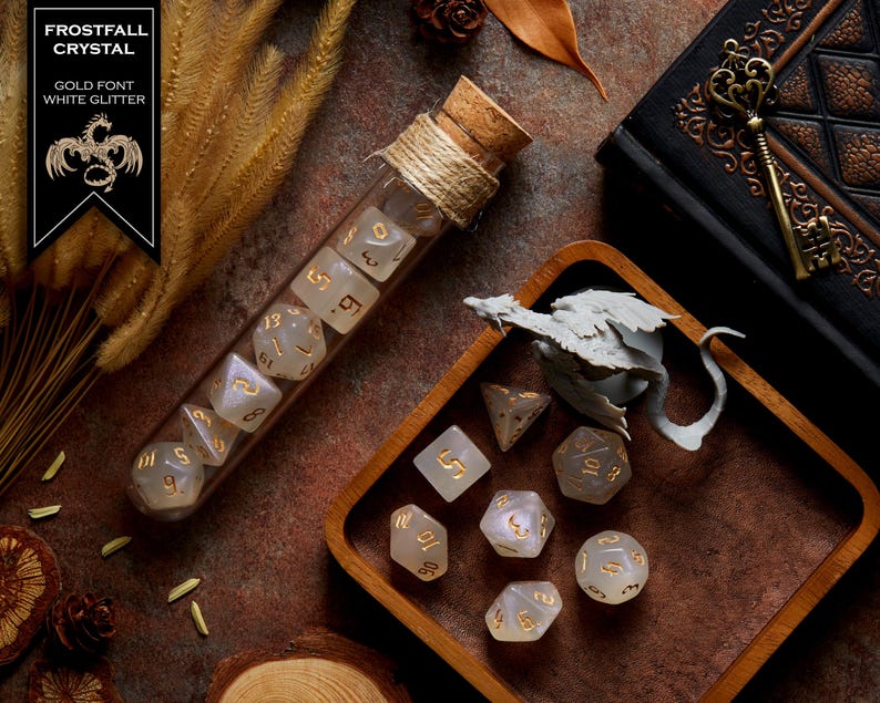 Polyhedral Dice Set of 7 with RPG Fantasy Potion Flask- D&D DnD TRPG MTG FROSTFALL CRYSTAL