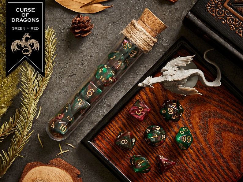 Ensemble de 7 dés polyédriques avec flacon de potion RPG Fantasy Organisateur de stockage de support de dés pour les donjons d'aventure de jeux de table de Dragons MTG CURSE OF DRAGONS