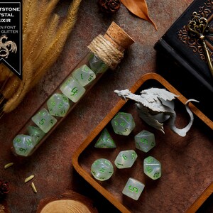 Polyhedral Dice Set of 7 with RPG Fantasy Potion Flask- D&D DnD TRPG MTG FROSTSTONE CRYSTAL