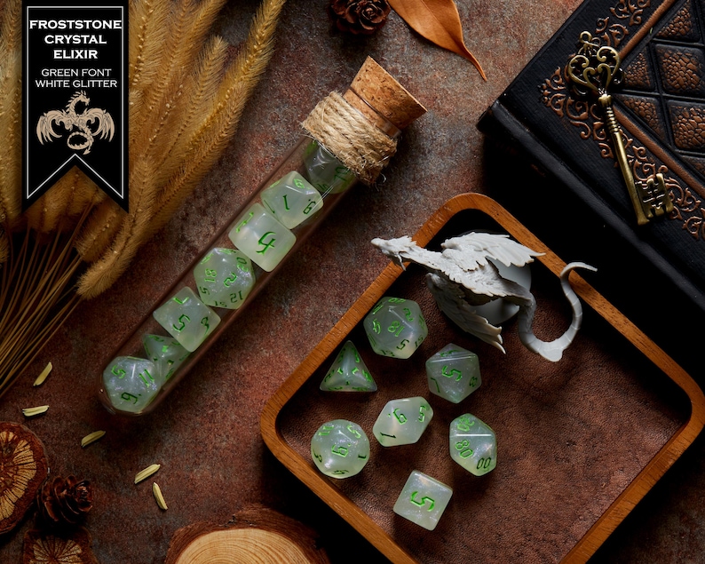 Polyhedral Dice Set of 7 with RPG Fantasy Potion Flask- D&D DnD TRPG MTG FROSTSTONE CRYSTAL