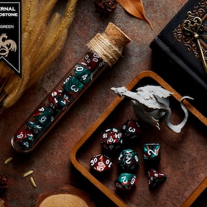 Polyhedral Dice Set of 7 with RPG Fantasy Potion Flask- D&D DnD TRPG MTG ETERNAL BLOODSTONE