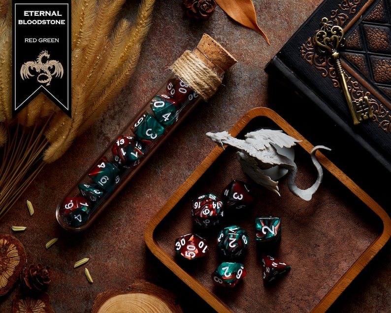 Polyhedral Dice Set of 7 with RPG Fantasy Potion Flask- D&D DnD TRPG MTG ETERNAL BLOODSTONE