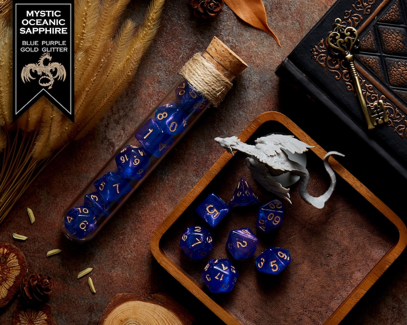 Polyhedral Dice Set of 7 with RPG Fantasy Potion Flask- D&D DnD TRPG MTG MYSTIC OCEANIC
