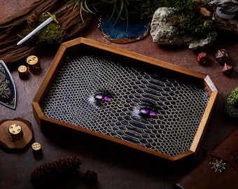 BEHOLDER Octagon Dice Tray | Blue Gold Faux Leather & Purple eye | Dice Storage Tray for Dragons MTG RPG Tabletop gaming Adventure Dungeons