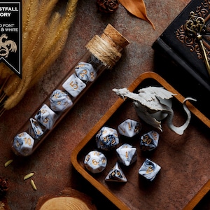 Polyhedral Dice Set of 7 with RPG Fantasy Potion Flask- D&D DnD TRPG MTG FROSTFALL IVORY