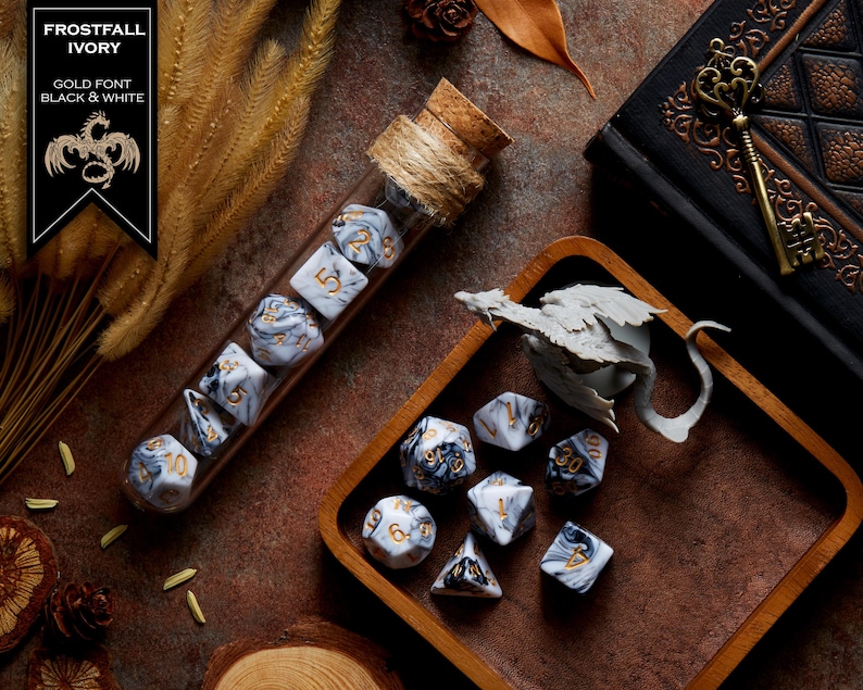 Polyhedral Dice Set of 7 with RPG Fantasy Potion Flask- D&D DnD TRPG MTG FROSTFALL IVORY