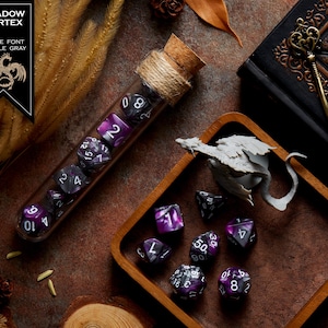 Polyhedral Dice Set of 7 with RPG Fantasy Potion Flask- D&D DnD TRPG MTG SHADOW VORTEX