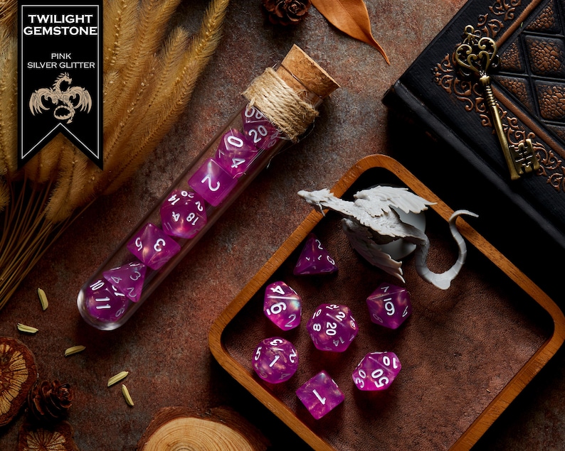 Polyhedral Dice Set of 7 with RPG Fantasy Potion Flask- D&D DnD TRPG MTG TWILIGHT GEMSTONE