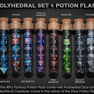 Polyhedral Dice Set of 7 with RPG Fantasy Potion Flask | Dice Holder Storage Organizer for Dragons MTG Tabletop gaming Adventure Dungeons